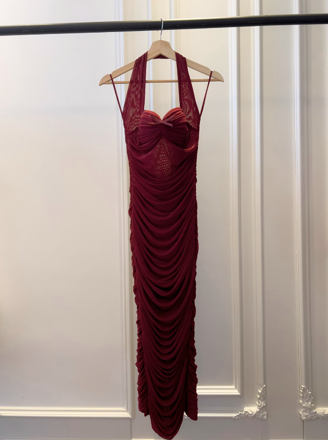 Vestido burdeos ajustado con cuello halter, vestido de noche, vestido de cumpleaños ED01114