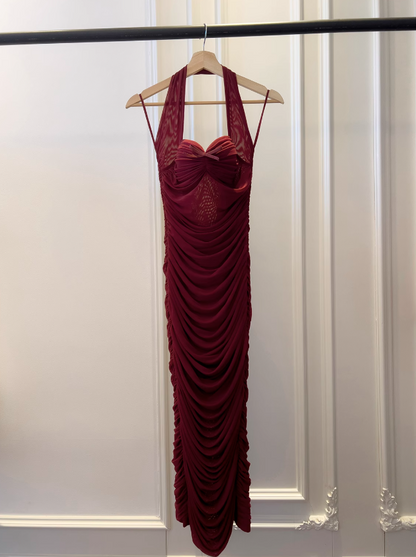 Vestido burdeos ajustado con cuello halter, vestido de noche, vestido de cumpleaños ED01114