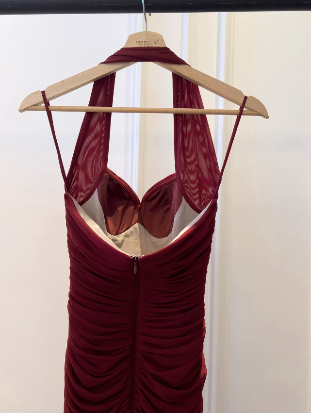 Vestido burdeos ajustado con cuello halter, vestido de noche, vestido de cumpleaños ED01114
