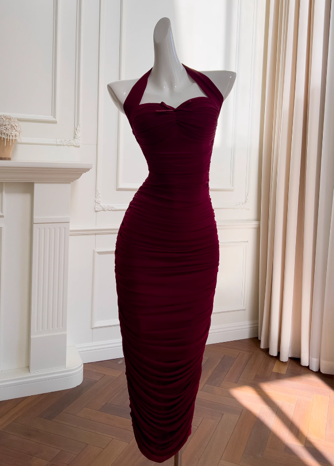 Vestido burdeos ajustado con cuello halter, vestido de noche, vestido de cumpleaños ED01114