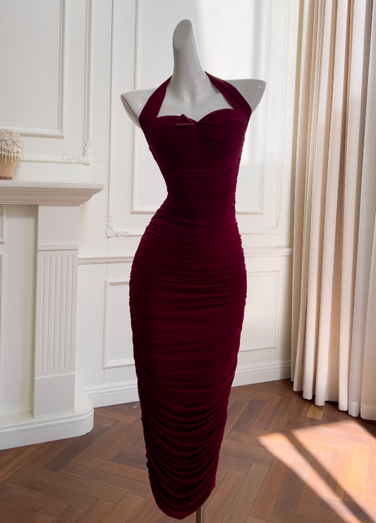Vestido burdeos ajustado con cuello halter, vestido de noche, vestido de cumpleaños ED01114
