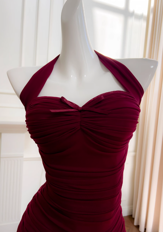 Vestido burdeos ajustado con cuello halter, vestido de noche, vestido de cumpleaños ED01114