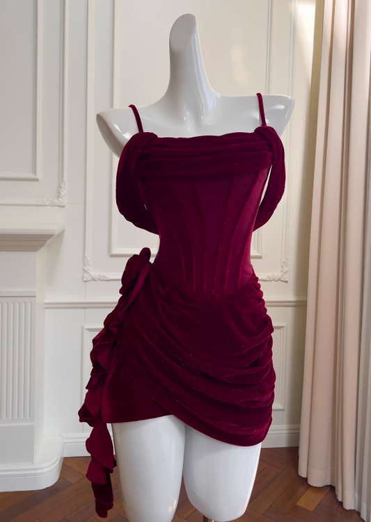Vestido de fiesta corto de terciopelo burdeos con tirantes finos y corte A, vestido de bienvenida ED01116