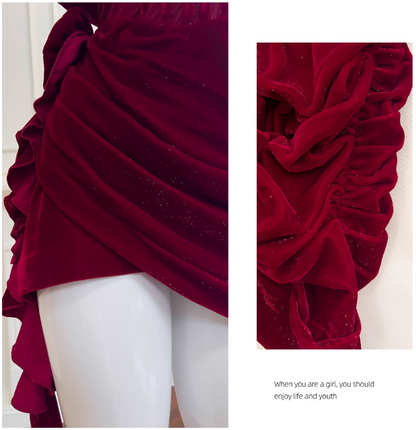 Vestido de fiesta corto de terciopelo burdeos con tirantes finos y corte A, vestido de bienvenida ED01116