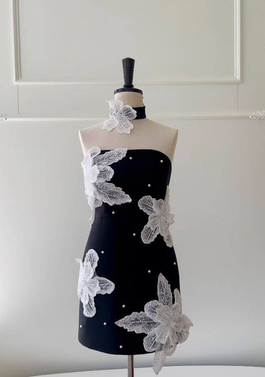 Vestido de fiesta corto negro sin tirantes, corte A, vestido de bienvenida ED01117