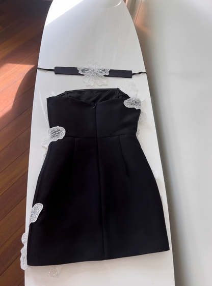 Vestido de fiesta corto negro sin tirantes, corte A, vestido de bienvenida ED01117