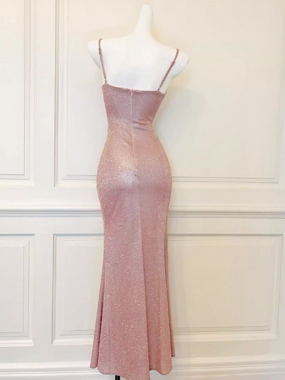 Vestido de cumpleaños de punto lamé rosa brillante con abertura lateral ED01119