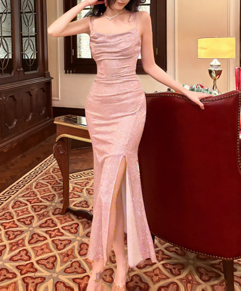 Vestido de cumpleaños de punto lamé rosa brillante con abertura lateral ED01119