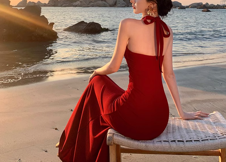 Vestido retro burdeos con cuello halter en V ED01128