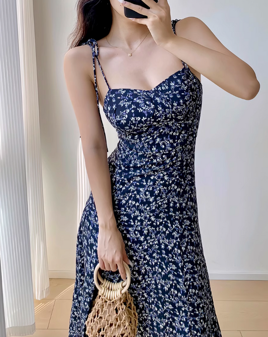 Vestido retro francés azul marino con estampado floral y tirantes con abertura ED01132