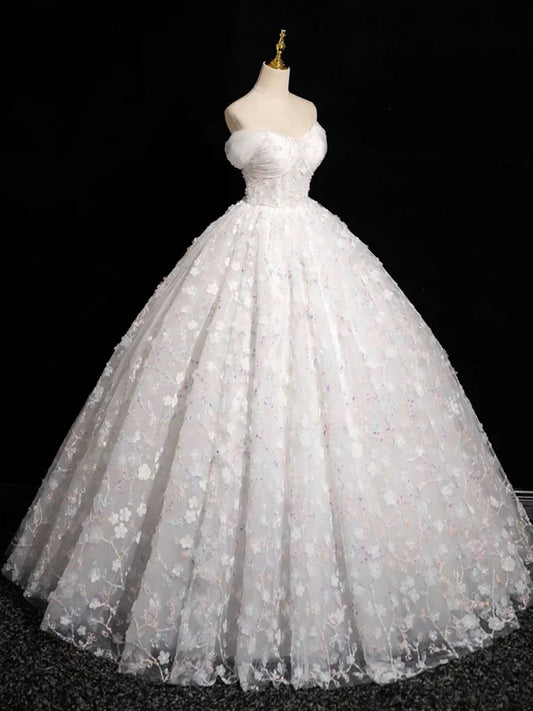 Vestido de fiesta largo blanco de tul con escote corazón y encaje, corte en A, vestido formal de encaje blanco ED01134