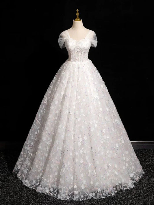 Vestido de fiesta largo blanco de tul con escote corazón y encaje, corte en A, vestido formal de encaje blanco ED01134