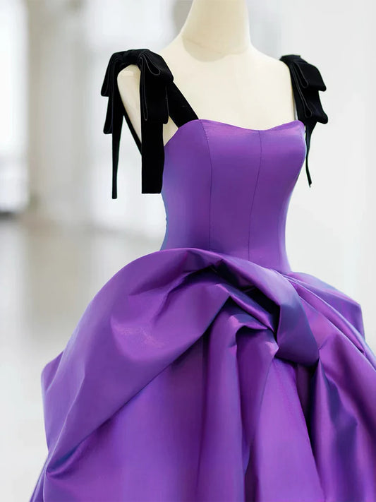 Vestido de fiesta largo morado de satén con escote corazón y corte en A, vestido formal morado ED01136
