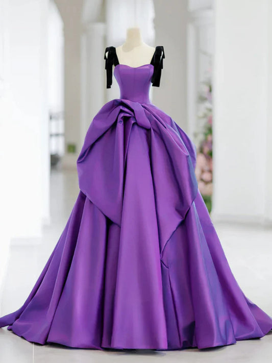 Vestido de fiesta largo morado de satén con escote corazón y corte en A, vestido formal morado ED01136