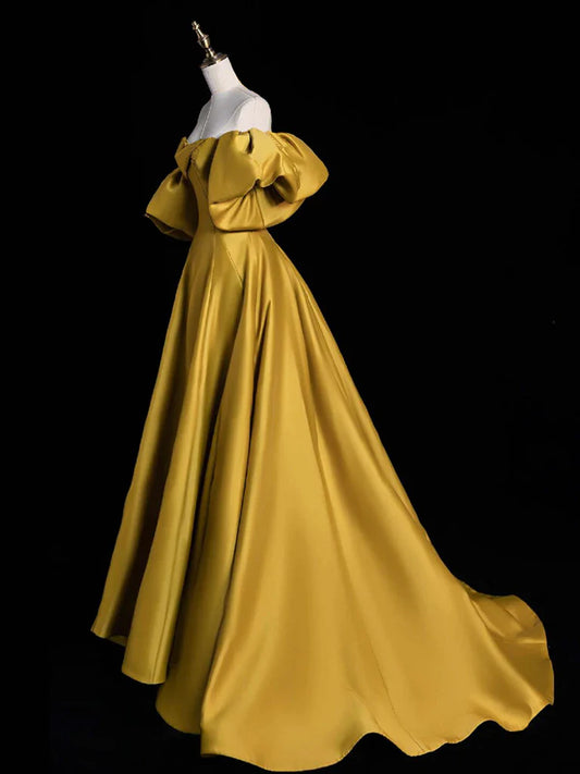Vestido de fiesta largo de satén dorado con escote corazón y corte en A, vestido formal largo dorado ED01137