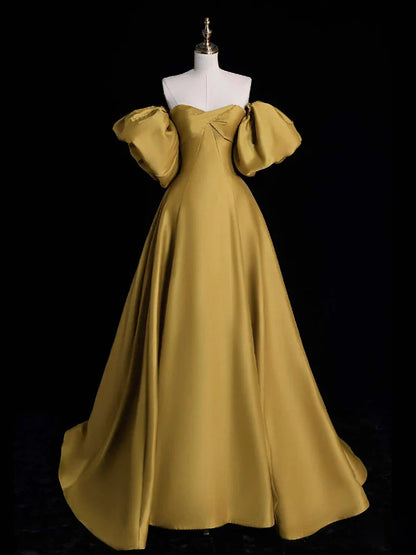 Vestido de fiesta largo de satén dorado con escote corazón y corte en A, vestido formal largo dorado ED01137