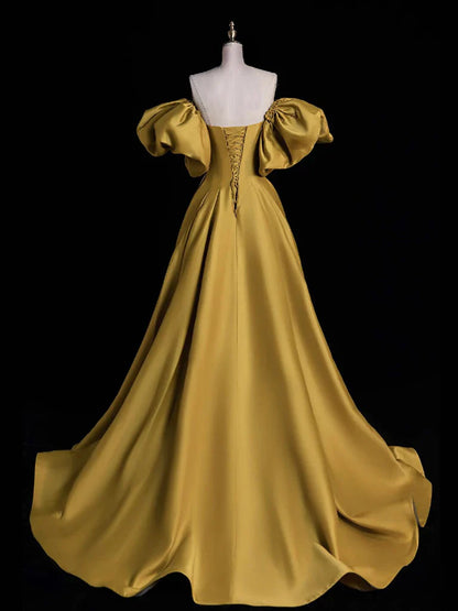 Vestido de fiesta largo de satén dorado con escote corazón y corte en A, vestido formal largo dorado ED01137