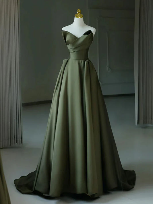 Vestido de fiesta largo de satén verde con escote en V y corte A, vestido formal largo verde ED01138