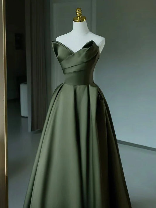Vestido de fiesta largo de satén verde con escote en V y corte A, vestido formal largo verde ED01138