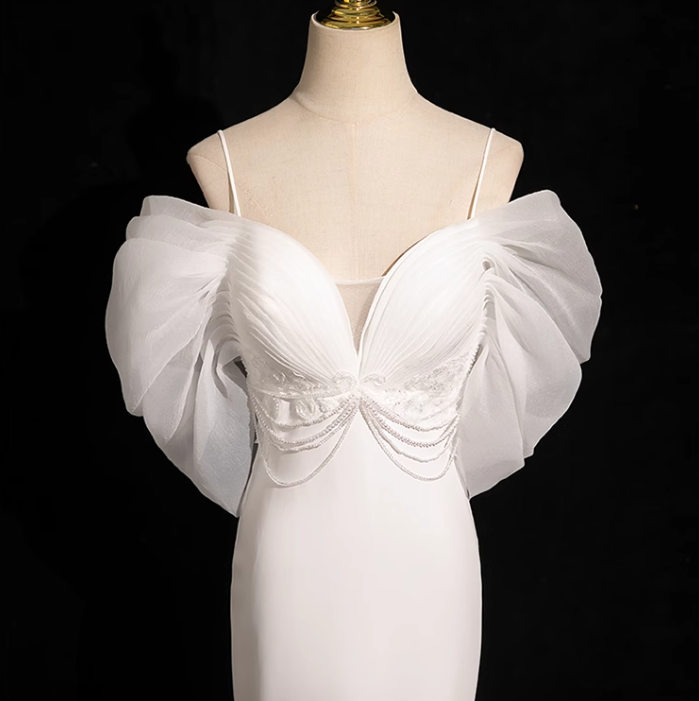 Vestido de fiesta largo de tul satinado blanco con escote en V y corte sirena, vestido de novia blanco ED01139