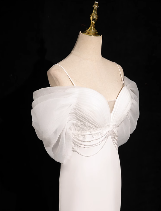 Vestido de fiesta largo de tul satinado blanco con escote en V y corte sirena, vestido de novia blanco ED01139