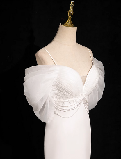 Vestido de fiesta largo de tul satinado blanco con escote en V y corte sirena, vestido de novia blanco ED01139