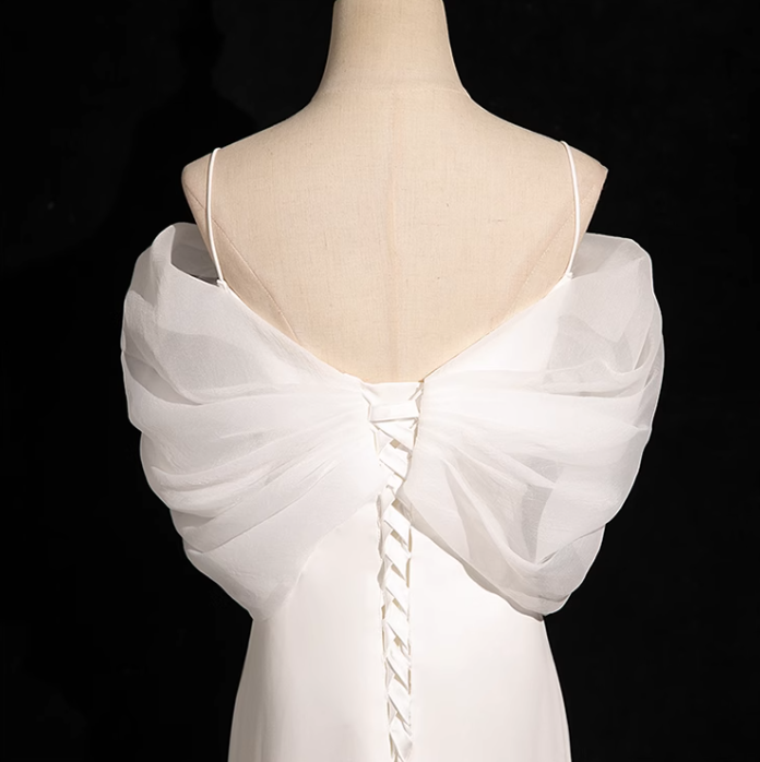 Vestido de fiesta largo de tul satinado blanco con escote en V y corte sirena, vestido de novia blanco ED01139