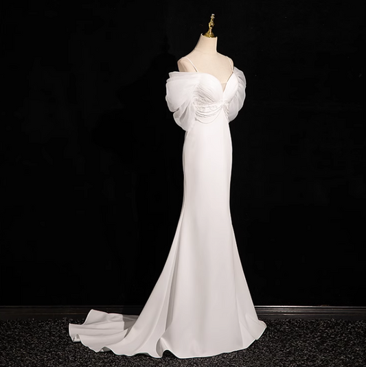 Vestido de fiesta largo de tul satinado blanco con escote en V y corte sirena, vestido de novia blanco ED01139