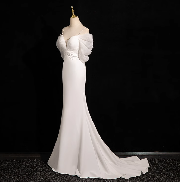 Vestido de fiesta largo de tul satinado blanco con escote en V y corte sirena, vestido de novia blanco ED01139