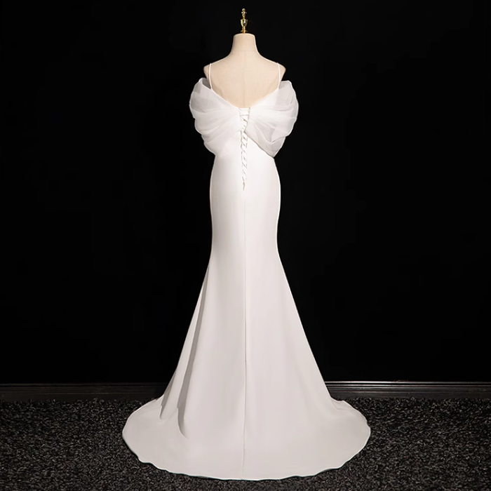 Vestido de fiesta largo de tul satinado blanco con escote en V y corte sirena, vestido de novia blanco ED01139