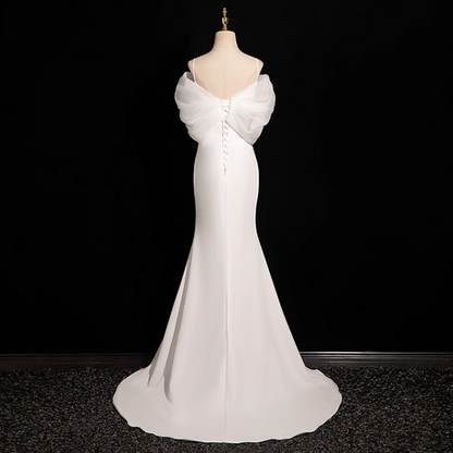 Vestido de fiesta largo de tul satinado blanco con escote en V y corte sirena, vestido de novia blanco ED01139
