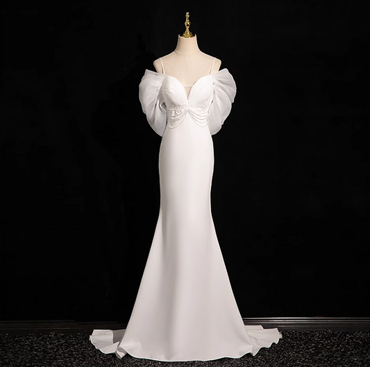 Vestido de fiesta largo de tul satinado blanco con escote en V y corte sirena, vestido de novia blanco ED01139