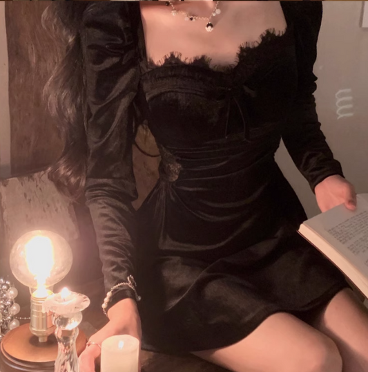 Vestido de cumpleaños estilo Hepburn para fiesta diaria, vestido negro de terciopelo con temperamento francés para mujer ED0113