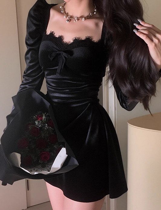 Vestido de cumpleaños estilo Hepburn para fiesta diaria, vestido negro de terciopelo con temperamento francés para mujer ED0113