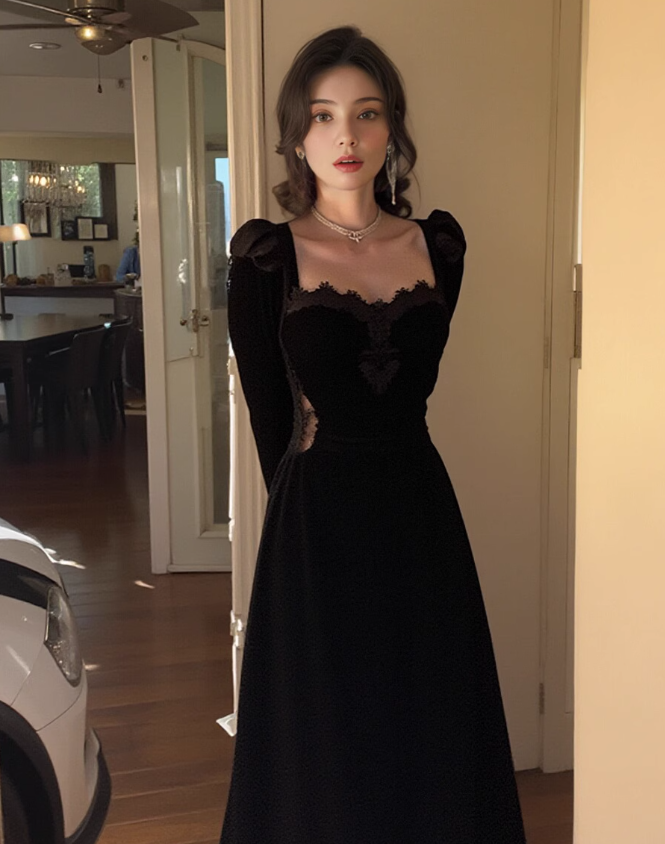 Vestido de cumpleaños estilo Hepburn para fiesta diaria, vestido negro de terciopelo con temperamento francés para mujer ED0113