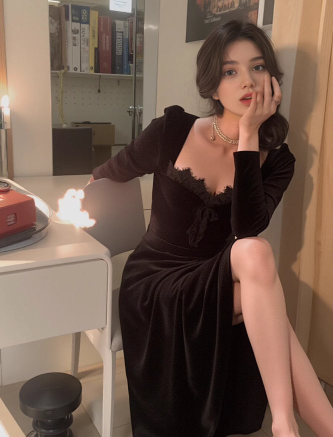 Vestido de cumpleaños estilo Hepburn para fiesta diaria, vestido negro de terciopelo con temperamento francés para mujer ED0113