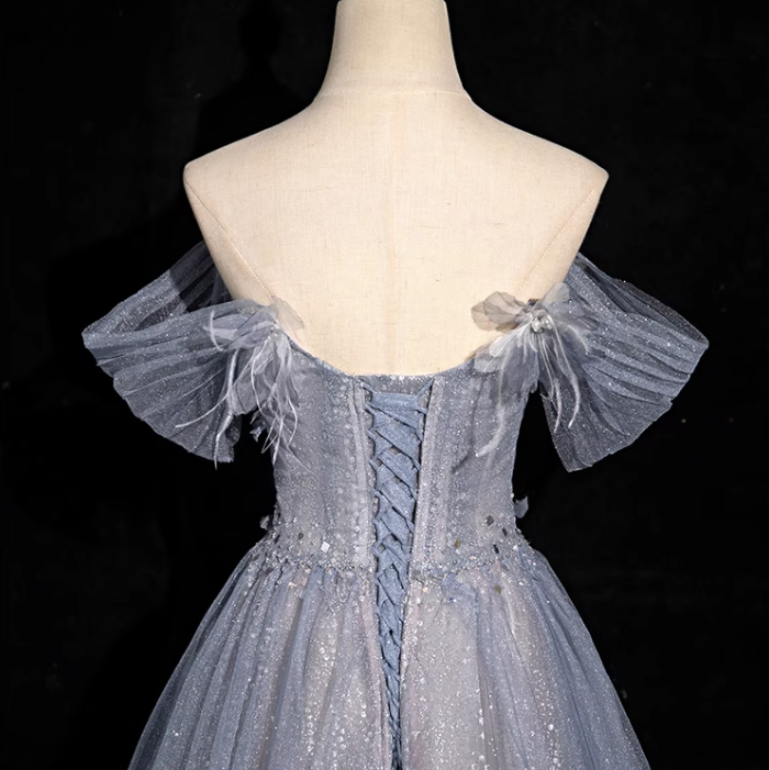 Gray blue A-line sweetheart neck tulle sequined long prom dress, gray blue evening dress ED01140