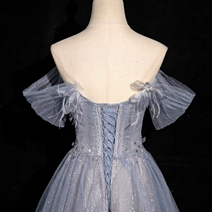 Gray blue A-line sweetheart neck tulle sequined long prom dress, gray blue evening dress ED01140