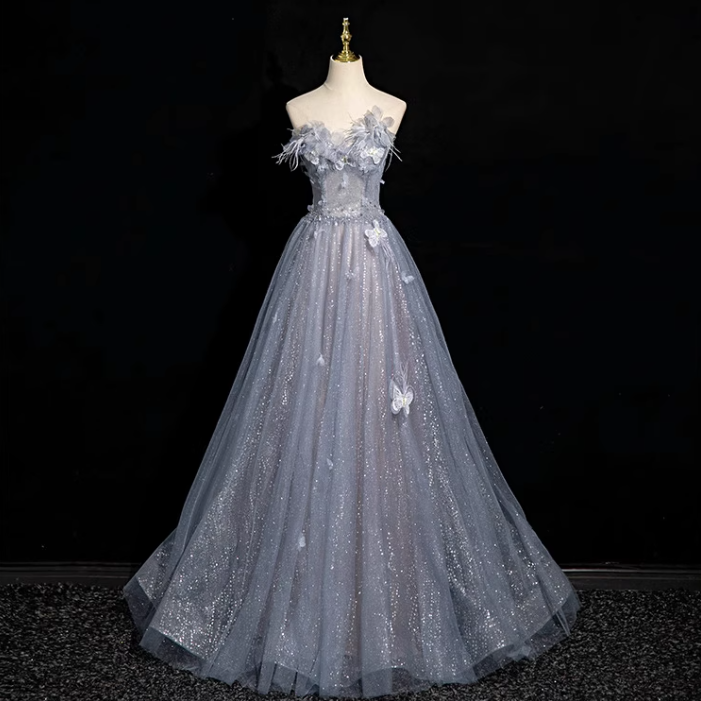Gray blue A-line sweetheart neck tulle sequined long prom dress, gray blue evening dress ED01140