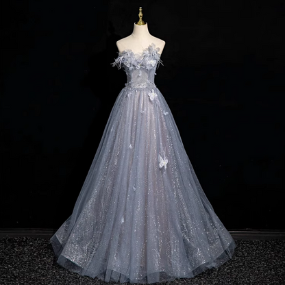 Gray blue A-line sweetheart neck tulle sequined long prom dress, gray blue evening dress ED01140