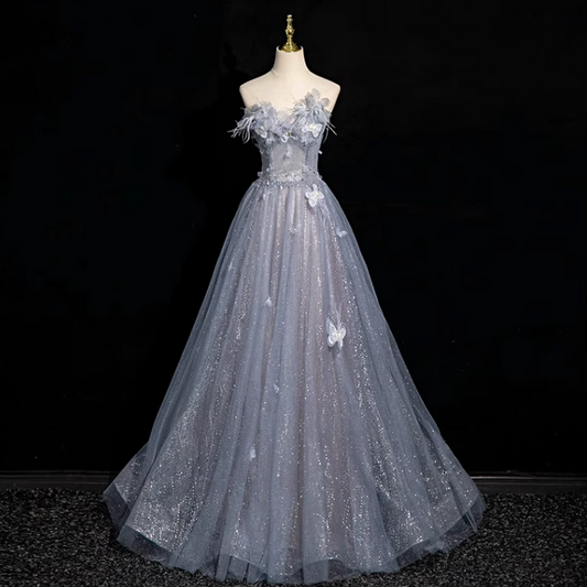 Gray blue A-line sweetheart neck tulle sequined long prom dress, gray blue evening dress ED01140
