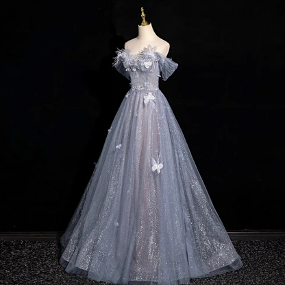 Gray blue A-line sweetheart neck tulle sequined long prom dress, gray blue evening dress ED01140