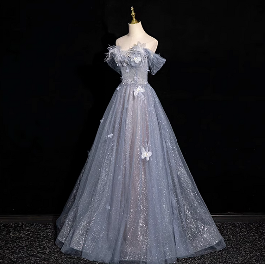 Gray blue A-line sweetheart neck tulle sequined long prom dress, gray blue evening dress ED01140