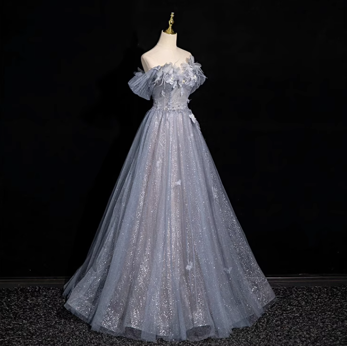 Gray blue A-line sweetheart neck tulle sequined long prom dress, gray blue evening dress ED01140