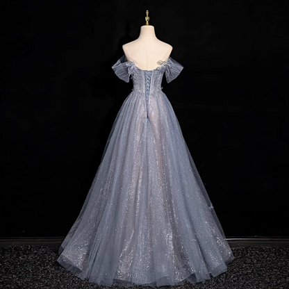 Gray blue A-line sweetheart neck tulle sequined long prom dress, gray blue evening dress ED01140