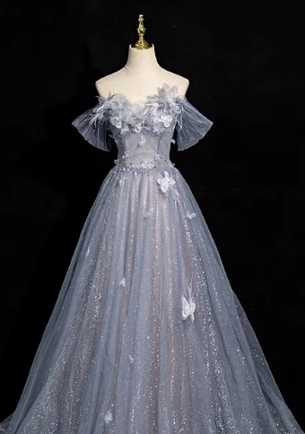 Gray blue A-line sweetheart neck tulle sequined long prom dress, gray blue evening dress ED01140