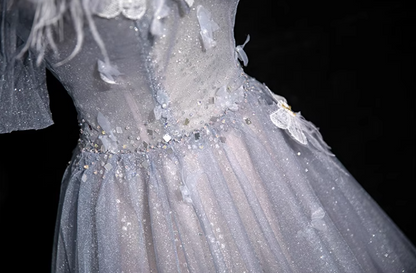 Gray blue A-line sweetheart neck tulle sequined long prom dress, gray blue evening dress ED01140