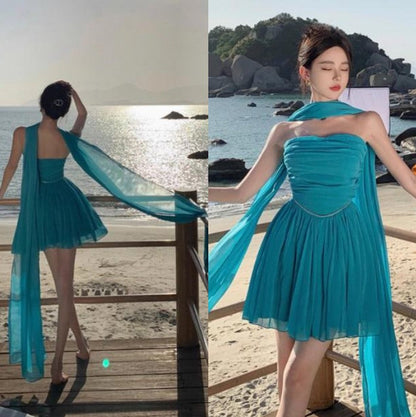 Vestido de fiesta corto de gasa sin tirantes, corte A, color azul lago, vestido de regreso a casa azul lago ED01154