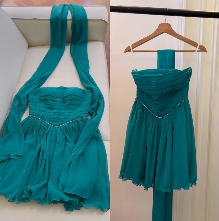 Vestido de fiesta corto de gasa sin tirantes, corte A, color azul lago, vestido de regreso a casa azul lago ED01154
