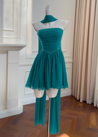 Vestido de fiesta corto de gasa sin tirantes, corte A, color azul lago, vestido de regreso a casa azul lago ED01154